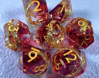 Jeu de dés bague fantaisie rouge sang – dés RPG en résine à bords tranchants, dés dragon à noyau liquide, jeu de dés de jeu de rôle, dés avec pierres précieuses, MDN personnalisé