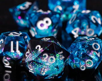 Blue Resin DnD Dice Set, 7pcs Sharp Edge Polyhedral Dice for Dungeons & Dragons, RPG Tabletop Role Playing Game Dice D4 D6 D8 D10 D12 D20