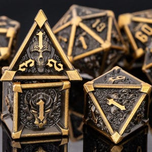 May include: Close-up of a set of metal dice with a gothic theme. The dice are black with gold accents and feature intricate skull and ornate designs. The set includes various polyhedral dice for tabletop gaming.