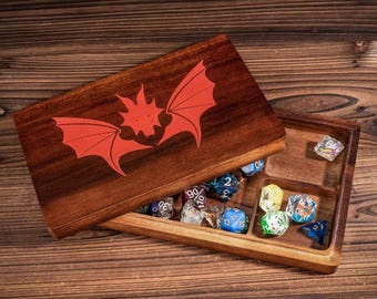 2 in 1 Rectangle Wooden Dice Case & Tray – Bat Pattern Dice Holder for RPG Game Dice Set, Dice Storage Box, Mystic Fantasy Dice Tray
