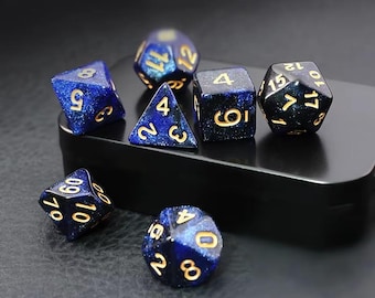 Juego de 7 dados de cielo estrellado en negro y azul para D&D COC: Dados D4, D6, D8, D10, D%, D12, D20 para juegos de mesa, DND RPG, Dragons Pathfinder Role Playing