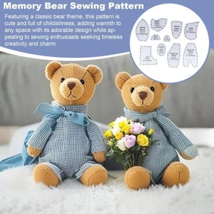 May include: Two brown teddy bears wearing blue plaid outfits and bow ties, with a bouquet of flowers between them. The image includes a sewing pattern with labeled pieces for a memory bear. The text reads "Memory Bear Sewing Pattern".