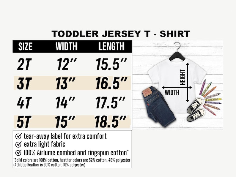 Puede incluir: Camiseta de jersey blanca para ni&ntilde;os peque&ntilde;os con tabla de tallas. La tabla muestra tallas de 2T a 5T, con medidas de ancho de 30,5 cm a 38,1 cm y largos de 39,4 cm a 47 cm. Incluye vaqueros, zapatillas y crayones.