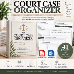 May include: A court case organizer binder with a gold scale of justice icon and green leaf accents. The cover reads My Court Case Organizer. Included are printed pages for case snapshots, contacts, hearing trackers, deadlines, and document checklists.