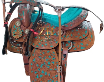 Turquoise Painted Western Barrel Racing Leather Horse Saddle Suede Padded Seat With Matching Tack Set