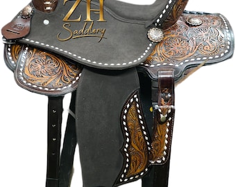 Dark Brown Floral Tooled Leather Barrel Racing Saddle - Deep Seat, High Cantle, Roughout Fender