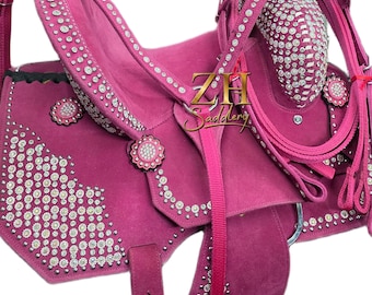 Pink Leather Barrel Western Horse Saddle Suede Seat Crystal Flower Studded Matching Tack Set