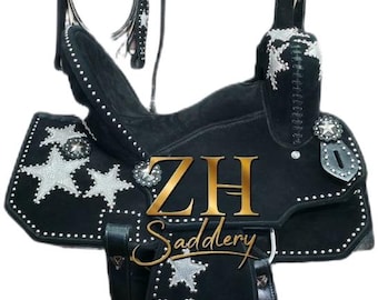 Black Leather Western Barrel Racing Horse Saddle - Deep Seat, High Cantle, White Star Design