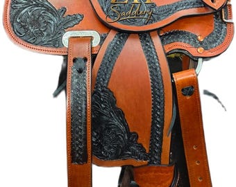 Brown Leather Black Inlay Painted Western Barrel Racing Horse Saddle With Matching Tack Set