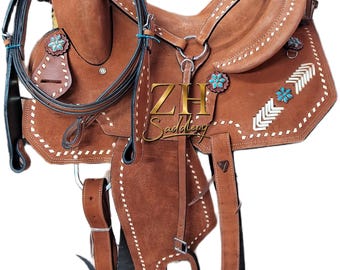 Silla de montar para caballos de carreras de barriles occidentales de cuero Roughout, asiento duro acolchado, cuero crudo trenzado con juego de aparejos a juego