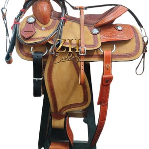 Western Barrel Racing Leather Horse Saddle Comfort Seat With Matching Headstall Breast Collar & Reins Free Shipping