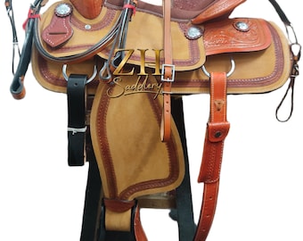 Silla de montar de cuero marrón para carreras de barriles occidentales, asiento de gamuza acolchado con juego de aparejos a juego