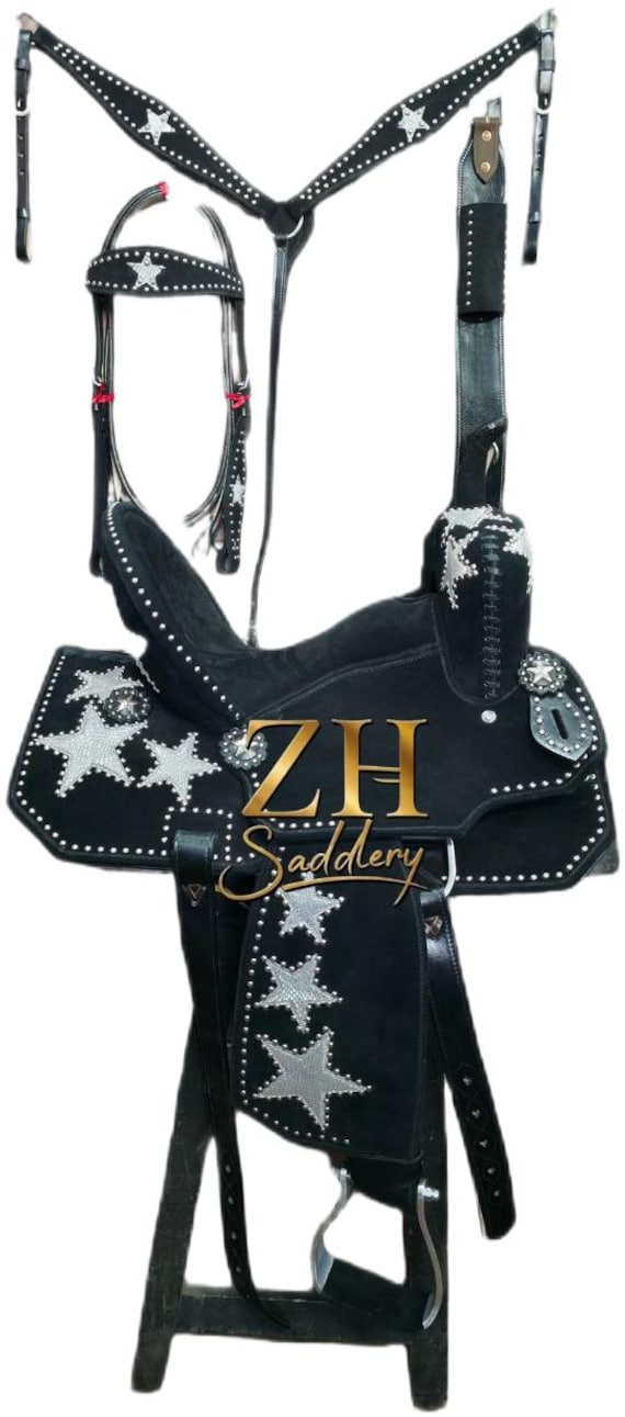 Black Leather Western Barrel Racing Horse Saddle - Deep Seat, High Cantle, White Star Design