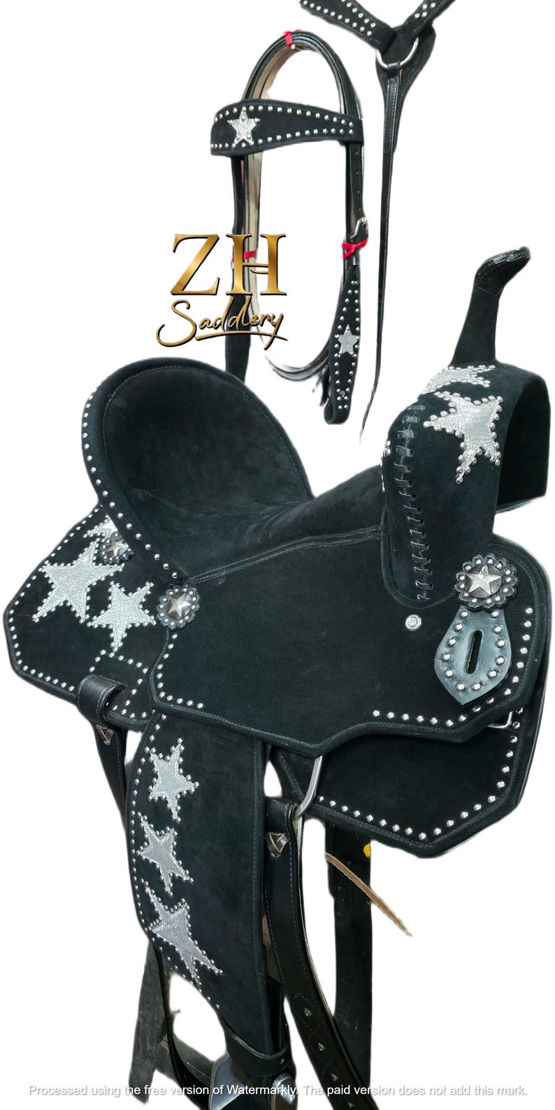 May include: Black western saddle with silver star detailing and studded trim. Includes a matching bridle and reins. The saddle has a suede seat and decorative silver conchos. The brand name "ZH Saddlery" is visible.