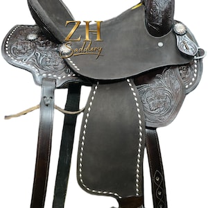 Black Floral Tooled Leather Barrel Racing Saddle - Hard Seat, High Cantle, Roughout Fender