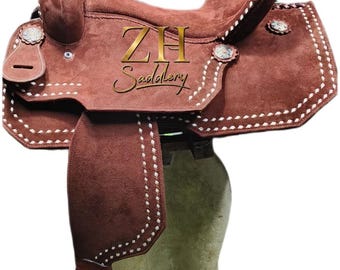 Brown Roughout Leather Barrel Western Horse Saddle Suede Deep Seat High Cantle Rawhide Braiding