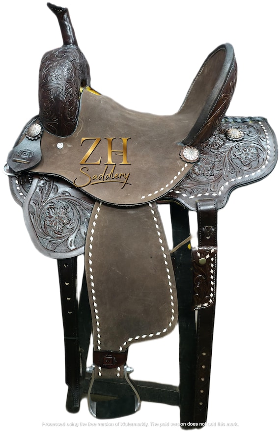 Chocolate Brown Floral Tooled Leather Barrel Racing Saddle - Hard Seat, High Cantle, Roughout Fender