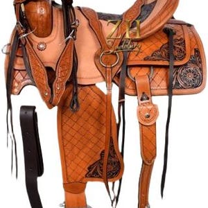 Western Barrel Racing Leather Horse Saddle Comfort Seat With Matching Headstall Breast Collar & Reins Free Shipping