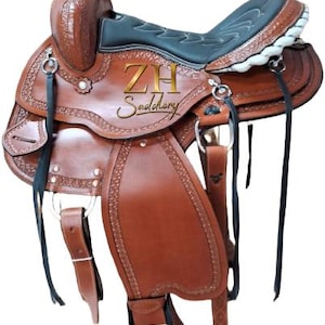 Western Barrel Racing Leather Horse Saddle Comfort Seat With Matching Headstall Breast Collar & Reins Free Shipping