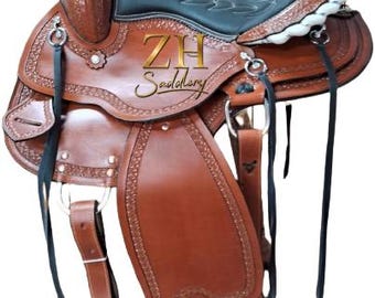 Brown Leather Western Barrel Racing Horse Saddle Black Padded Seat, Rawhide Highlights, Tack Set