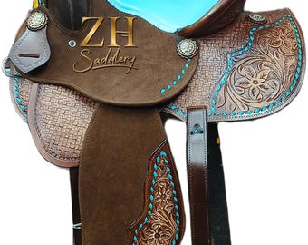 Western Leather Barrel Racing Saddle - Floral & Basket Tooled, Rawhide Accent, Turquoise Seat, Tack Set