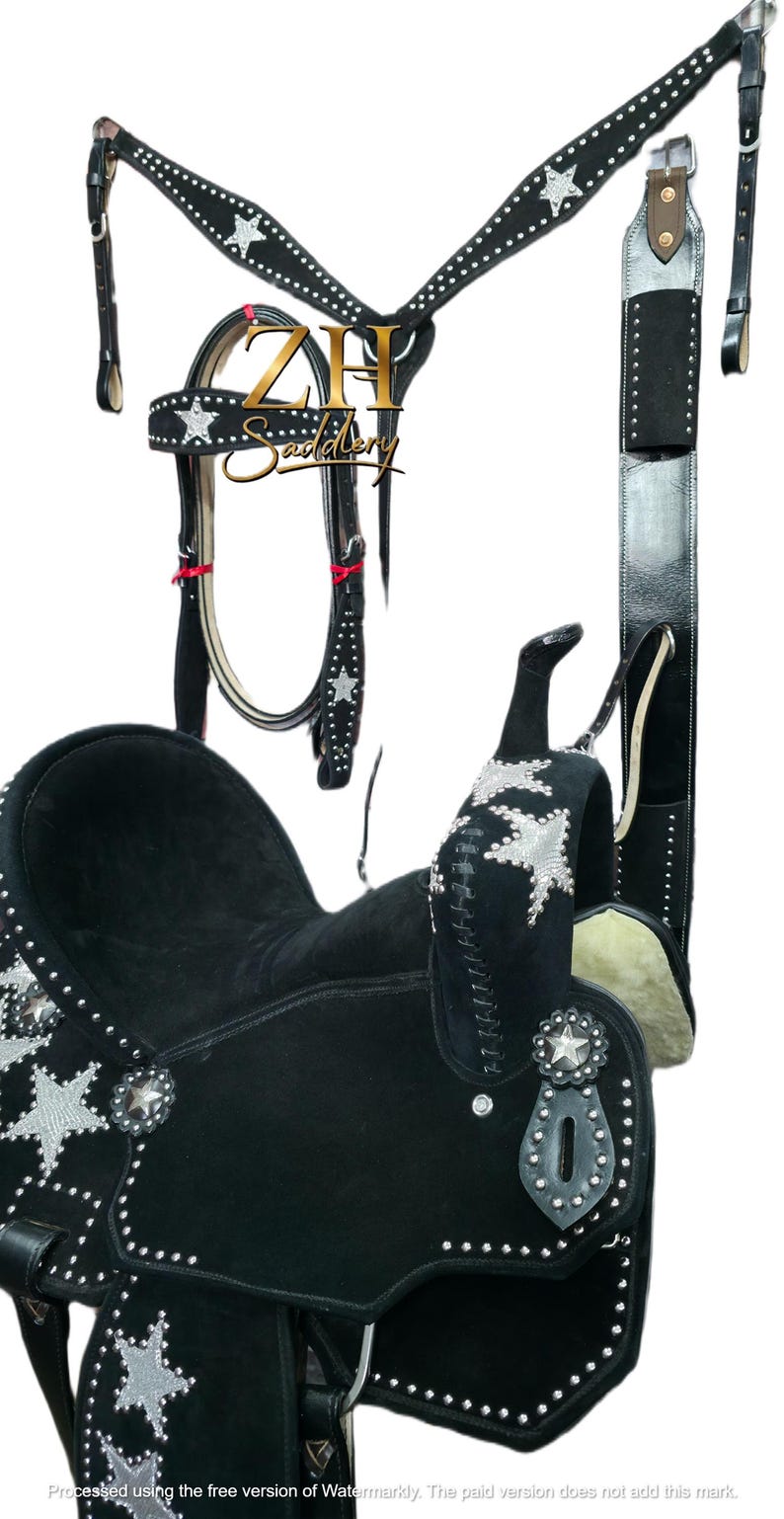 May include: Black horse saddle with silver star accents and studded details. The saddle includes a matching bridle, breast collar, and other accessories. The set is designed for equestrian use.