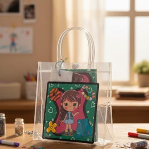 K&ouml;nnte beinhalten: Transparente Plastiktasche mit transparenten Griffen, die eine gr&uuml;n-rosa illustrierte Karte enth&auml;lt. Die Karte zeigt ein Cartoon-M&auml;dchen, eine Blume und ein Perlenketten-Design. Die Tasche steht auf einer Holzoberfl&auml;che mit Kunstbedarf.