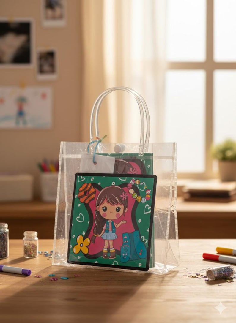 K&ouml;nnte beinhalten: Transparente Plastiktasche mit transparenten Griffen, die eine gr&uuml;n-rosa illustrierte Karte enth&auml;lt. Die Karte zeigt ein Cartoon-M&auml;dchen, eine Blume und ein Perlenketten-Design. Die Tasche steht auf einer Holzoberfl&auml;che mit Kunstbedarf.