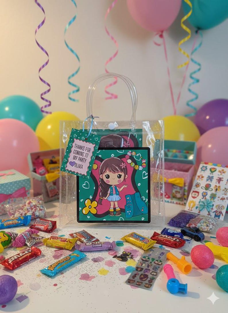 K&ouml;nnte beinhalten: Transparente Party-Geschenkt&uuml;te mit einem Cartoon-M&auml;dchen-Design. Die Tasche hat ein Etikett mit der Aufschrift "Danke, dass du zu meiner Party gekommen bist Olivia". Das Bild enth&auml;lt bunte Luftballons, S&uuml;&szlig;igkeiten und Partygeschenke.
