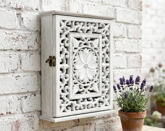 Farmhouse White Wooden Key Holder Cabinet, Floral Carved Wall Mount Hooks