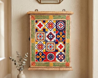 Drewniana skrzynka na klucze z płytkami ceramicznymi | Wielokolorowa szafka ścienna (11 cali, 8 haczyków)