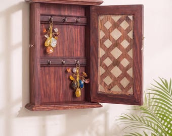 Handmade Wooden Key Holder Cabinet with 6 Hooks | Entryway Organizer
