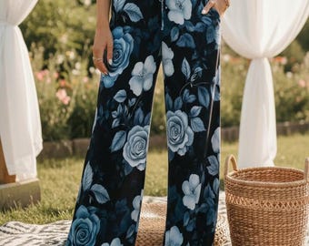 Blue White Art Nouveau Flowers Carrot Pants, Floral Loose Boho