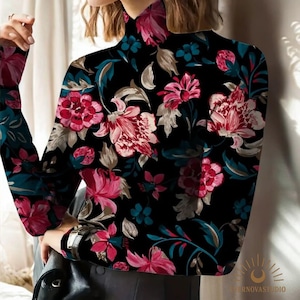 Boho Floral Turtleneck Top Women – Vintage Long Sleeve Slim Fit Blouse – Elegant Black High Neck Shirt with Pink Flower Print