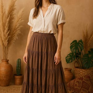 Brown Boho Tiered Maxi Skirt – High Waist Flowy Long Skirt – Bohemian Summer Skirt Women