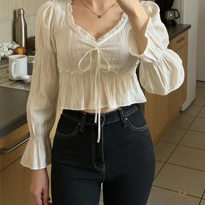 Weißes Puffärmel Crop Top | Vintage Cottagecore Langarm Bluse | Romantisches Boho Feen Grunge Bauern Top
