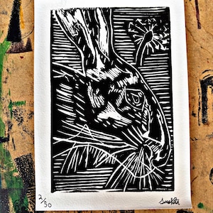Rabbit with Dandelion - Hand Made Linocut (5x7) Small Print