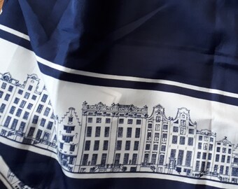 Vintage Dutch Scarf retro Souvenir Gift Netherlands Holland old houses Valentines Gift Polyester navy white