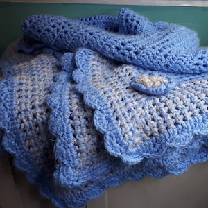 Hand crocheted soft knit Baby Toddler Blanket Throw Blue Grey 45&quot; x 40&quot; Small - Medium size Winter warmer Gift