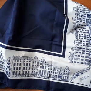 Vintage Dutch Scarf retro Souvenir Gift Netherlands Holland old houses Valentines Gift Polyester navy white