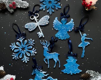 Blue Resin Christmas Ornaments | Handmade Tree Decorations | Winter Blue Xmas Decor | Modern Handmade Christmas Decoration Set