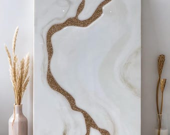 White and Gold Abstract Resin Wall Art: Handmade Epoxy Wall Hanging, Custom Sizes Available