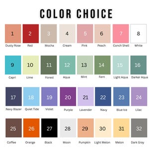 Może przedstawiać: Karta kolor&oacute;w z 32 pr&oacute;bkami kolor&oacute;w, każda oznaczona numerem i nazwą koloru. Kolory wahają się od Dusty Rose do Dark Gray, w tym odcienie niebieskiego, zielonego i fioletowego. Tekst "COLOR CHOICE" znajduje się na g&oacute;rze.