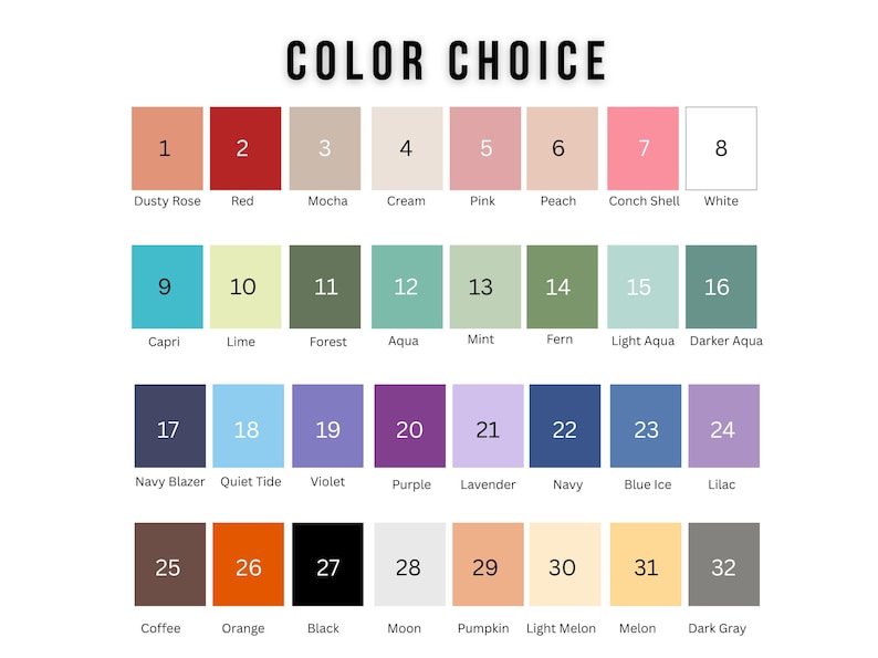Może przedstawiać: Karta kolor&oacute;w z 32 pr&oacute;bkami kolor&oacute;w, każda oznaczona numerem i nazwą koloru. Kolory wahają się od Dusty Rose do Dark Gray, w tym odcienie niebieskiego, zielonego i fioletowego. Tekst "COLOR CHOICE" znajduje się na g&oacute;rze.