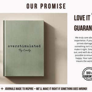 Może przedstawiać: Szałwiowy zielony notatnik z tytułem "overstimulated" i nazwiskiem autora "By Emily" w czarnym tekście. Obraz zawiera r&oacute;wnież tekst "LOVE IT GUARANTEE" i pieczęć "100% GUARANTEE".