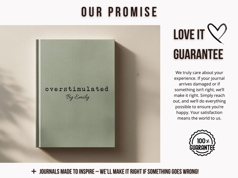 Może przedstawiać: Szałwiowy zielony notatnik z tytułem "overstimulated" i nazwiskiem autora "By Emily" w czarnym tekście. Obraz zawiera r&oacute;wnież tekst "LOVE IT GUARANTEE" i pieczęć "100% GUARANTEE".