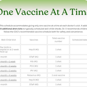 May include: A white chart with the title "One Vaccine At A Time" in green text. The chart details a vaccine schedule, listing vaccines like Hep B and DTaP, with corresponding shot numbers and well-child visit times. The text recommends following the CDC's vaccine schedule.