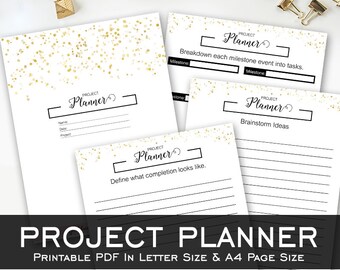 Project Planner, Black & Gold, Printable Template, Digital Planner