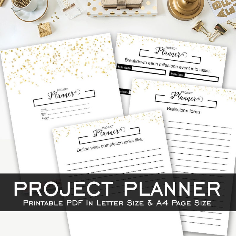 Project Planner, Black & Gold, Printable Template, Digital Planner image 1