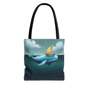 クジラと帆船のトートバッグ、環境に優しいキャリーオール、ビーチバッグ、海好きの方へのギフト、かわいいクジラのデザイン